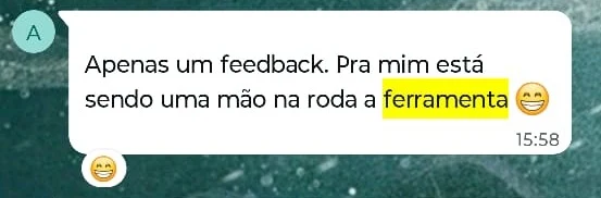 Mensagem de aluno no WhatsApp: “Apenas um feedback. Pra mim está sendo uma mão na roda a ferramenta”.